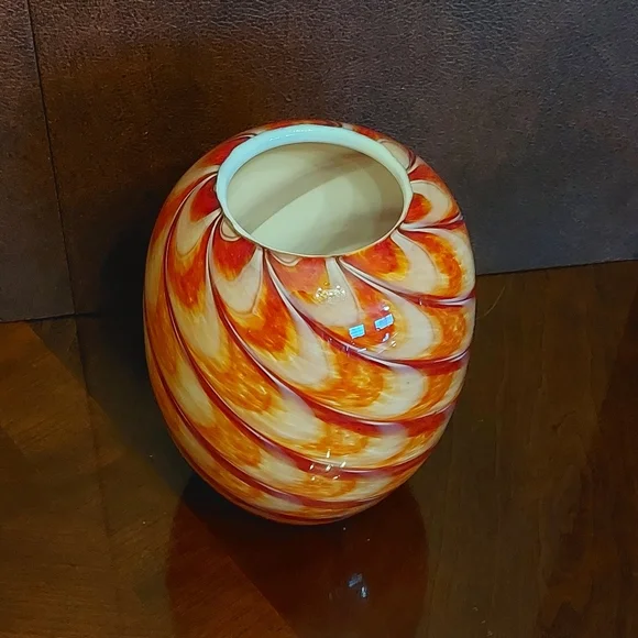 Rare Murano Swirl Art VaseHand-Blown Red & GoldDouble Cased White Inside